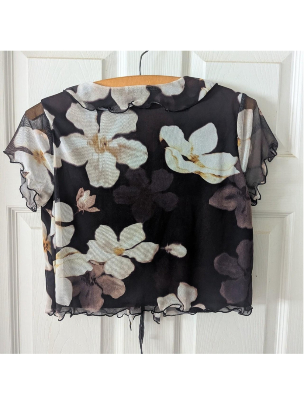 Ardene Black Floral Y2K Sheer Blouse Ruffle Tie Front - Picture 6 of 10